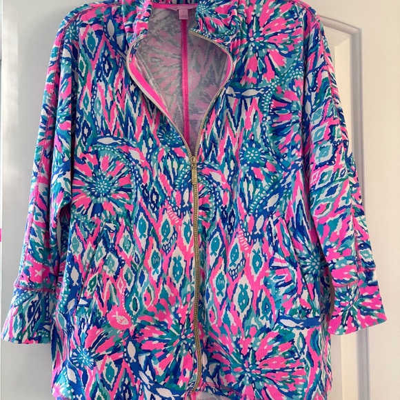 LILLY PULITZER DEEDEE SWING JACKET TIKI PINK SHAKE IT UP SZ S OVERSIZED FULL ZIP - Picture 1 of 3